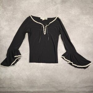 Necessary Objects Black Bell Sleeve Lace Up Crochet Trim Top sz Small
